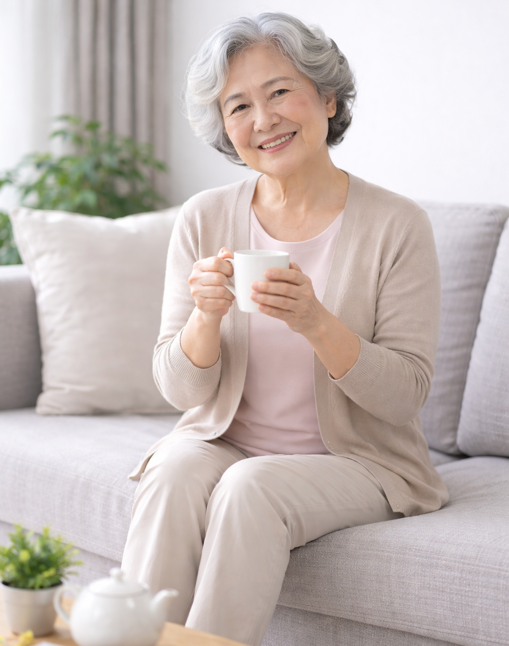 Elderly woman relaxing comfortably at home after using pain relief products in Singapore