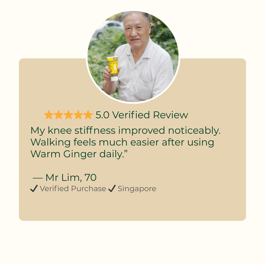 Senior customer review for ginger pain relief cream improving knee stiffness in Singapore